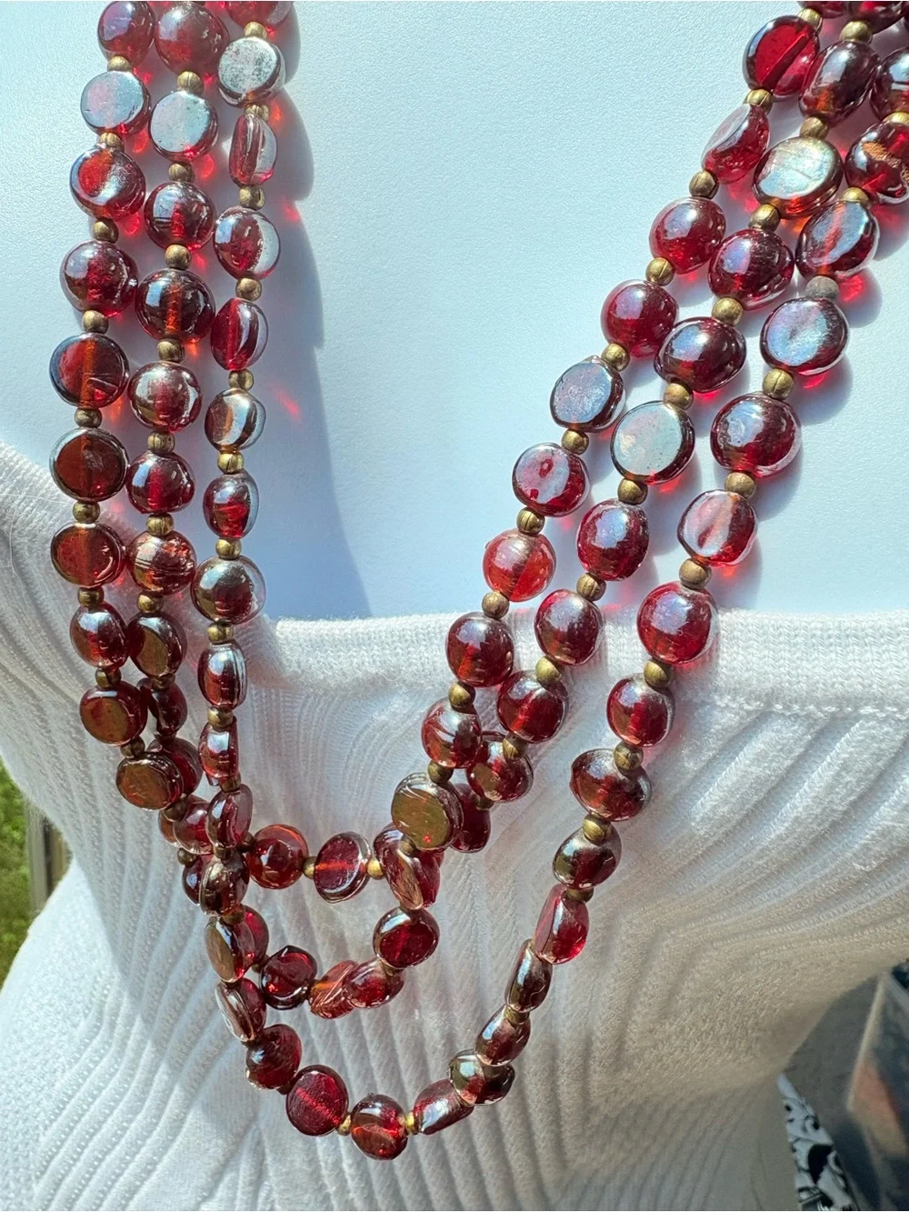 Italian Multi-Strand Red Murano Glass iridescent Bead Necklace Gold Accents 30”
